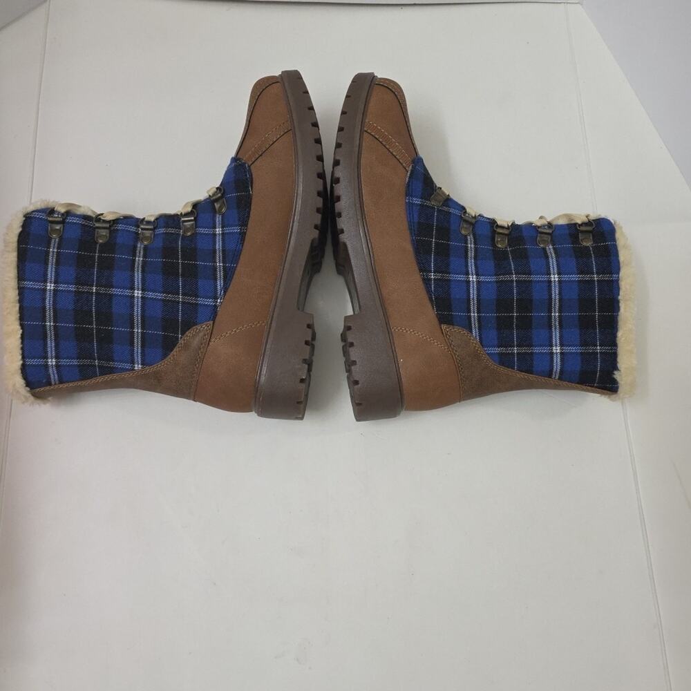 Plaid Lace-Up Winter Duck Boots w/ Faux Fur Lining Size 9.5 Brown & Blue - Picture 8 of 10